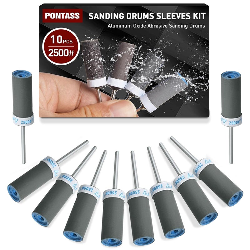 PONTASS 10Pcs 2500 Grit Sanding Drums Sandpaper Sticks Set with 1/8"(3mm) Shank for Dremel Rotary Tool, Suitable for Metal Rust Removal/Jade Polishing/Stone Grinding - Image 1